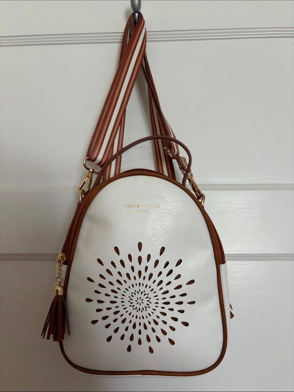 Aphison White & Brown Floral Laser-Cut Mini Backpack.